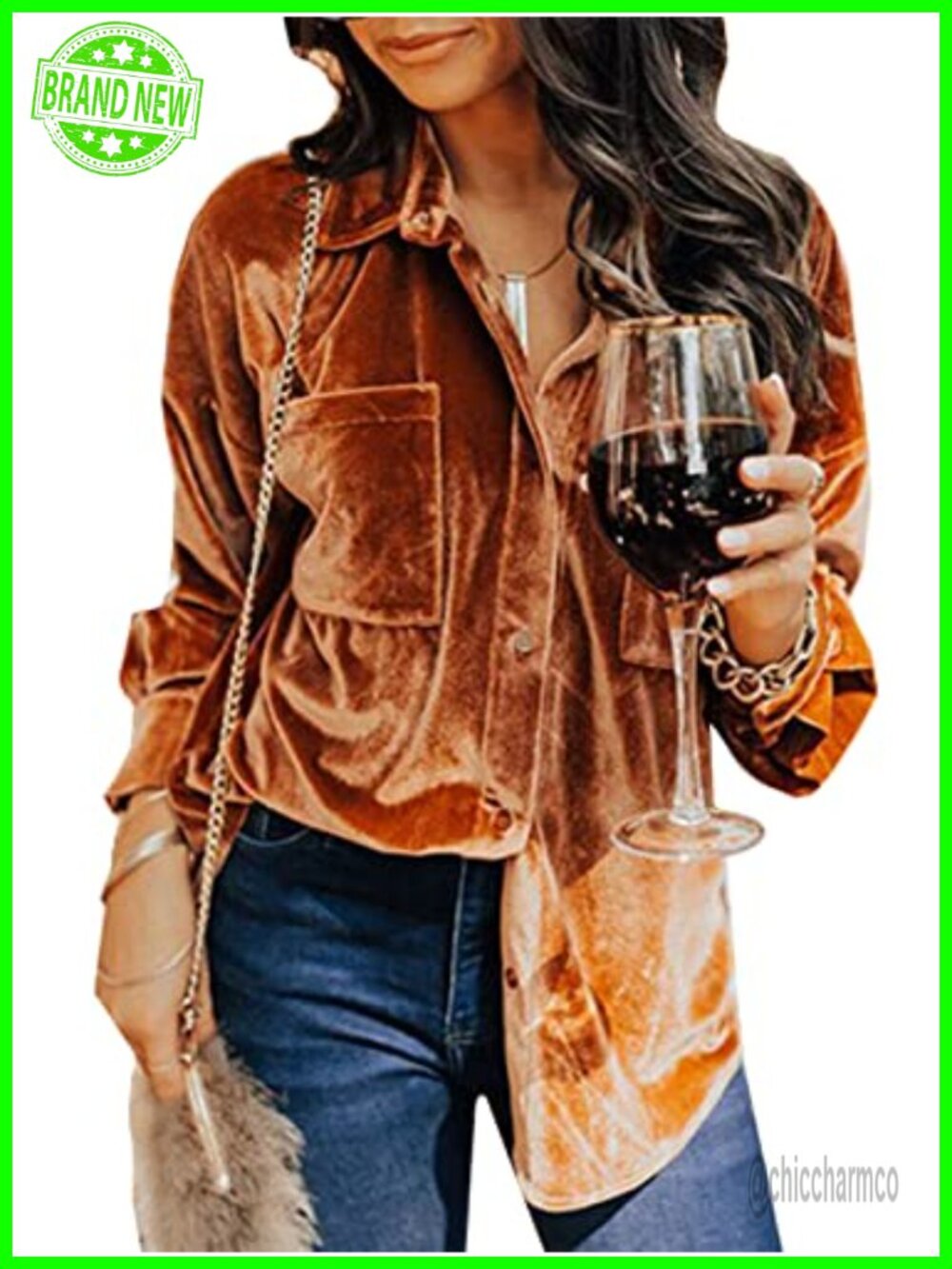 Velvet Button Down Tunic Shirt Long Sleeve Loose Fit Casual Top
